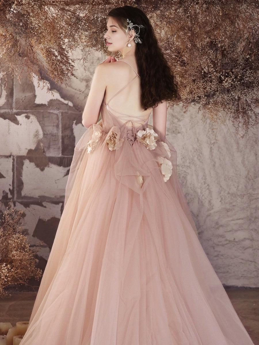A-Line V Neck Tulle Flower Pink Long Prom Dress Pink Long Prom Dress