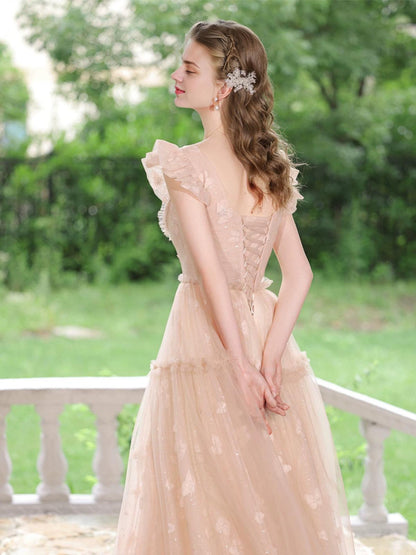 A-Line Tulle Lace Tea Length Pink Prom Dress Pink Long Prom Dress