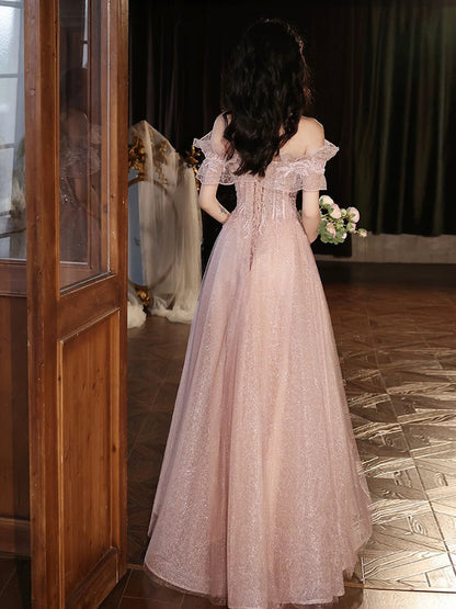 A-Line Off Shoulder Tulle Sequin Pink Long Prom Dress Pink Long Prom Dress