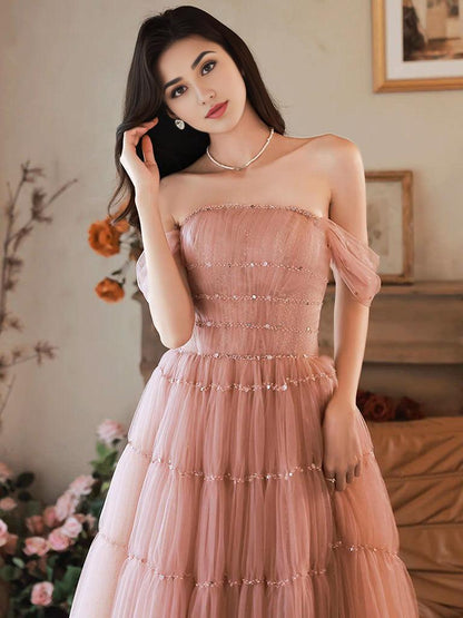 A-Line Pink Off Shoulder Long Prom Dress Pink Long Formal Dress