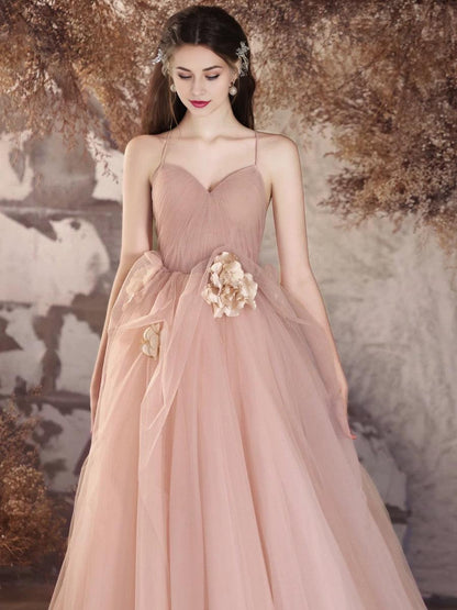 A-Line V Neck Tulle Flower Pink Long Prom Dress Pink Long Prom Dress