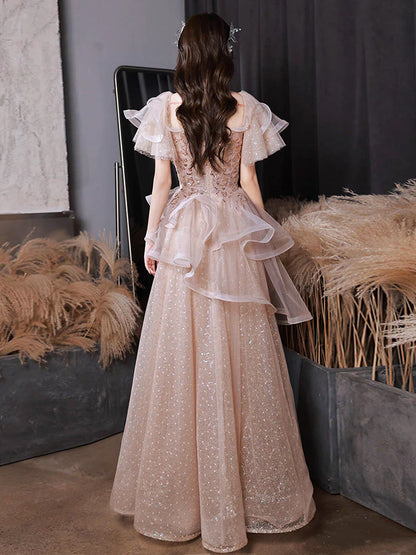 A-Line Tulle Sequin Pink Long Prom Dress Shiny Sequin Pink Long Prom Dress