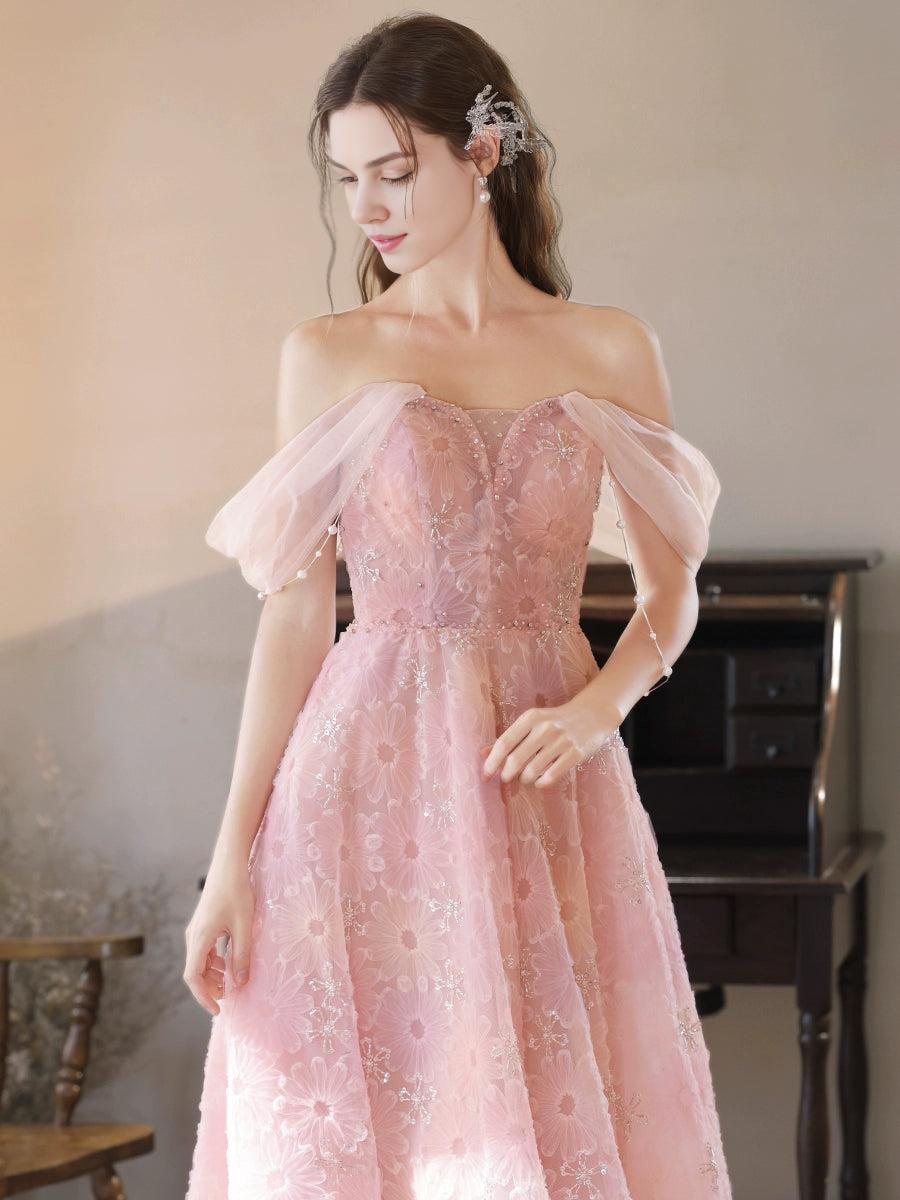 A-Line Tulle Lace Off Shoulder Pink Long Prom Dress Pink Lace Long Prom Dress