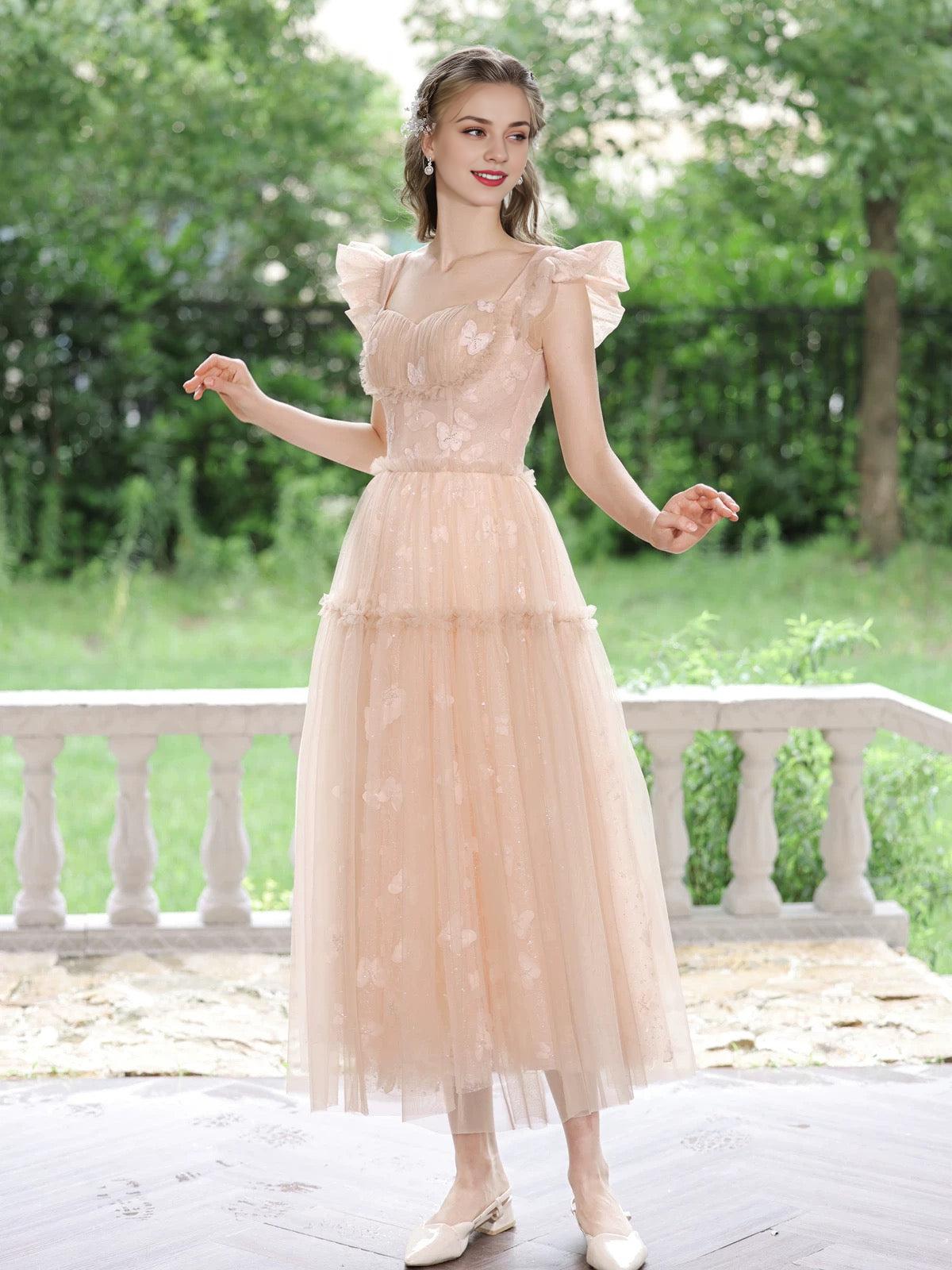 A-Line Tulle Lace Tea Length Pink Prom Dress Pink Long Prom Dress