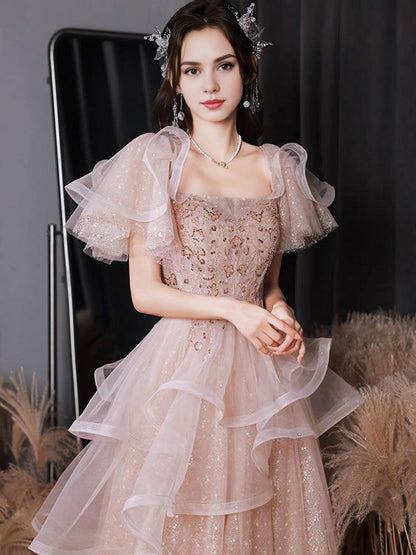 A-Line Tulle Sequin Pink Long Prom Dress Shiny Sequin Pink Long Prom Dress