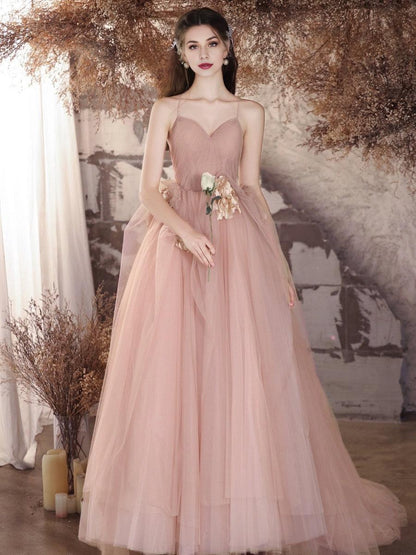 A-Line V Neck Tulle Flower Pink Long Prom Dress Pink Long Prom Dress