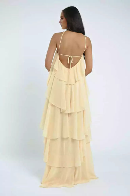 Playful luxury chiffon backless collar with adjustable thin shoulder straps and layered ruffled edges Bridesmaid Dresses