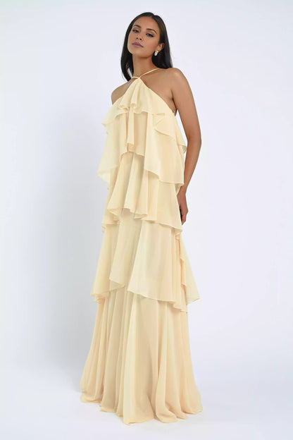 Playful luxury chiffon backless collar with adjustable thin shoulder straps and layered ruffled edges Bridesmaid Dresses