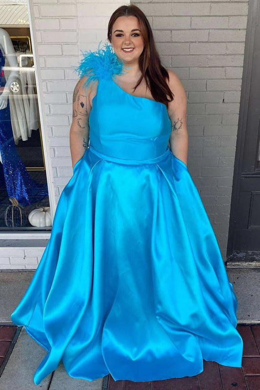 Plus size elegant A-line blue single shoulder feather ball long dress with pockets