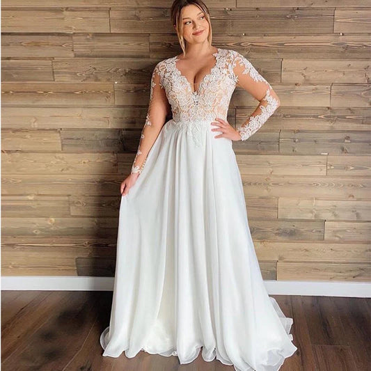 Large A-line long sleeved elegant chiffon V-neck decal wedding dress with belt
