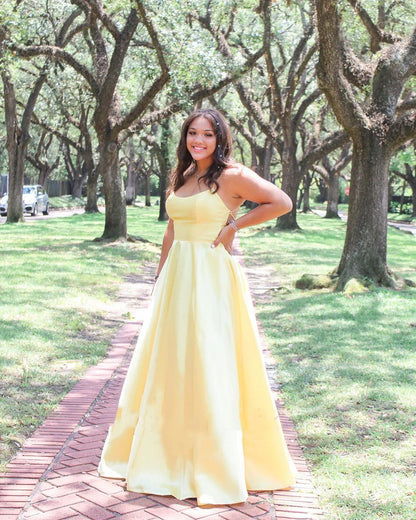 Plus size elegant A-line satin spaghetti strap up dress