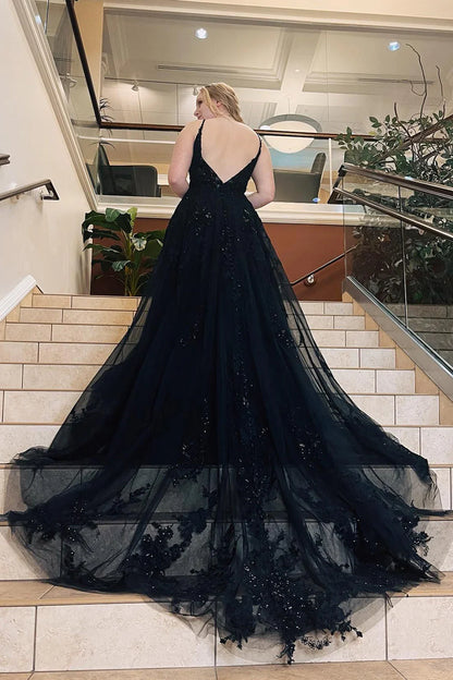 High end black A-line spaghetti strap sheer ball dress
