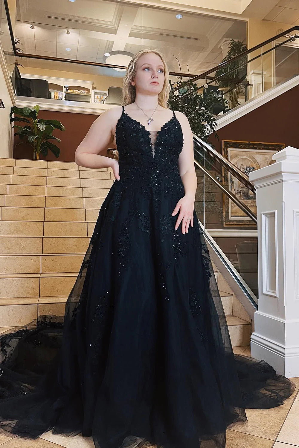High end black A-line spaghetti strap sheer ball dress