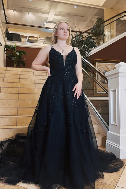 High end black A-line spaghetti strap sheer ball dress