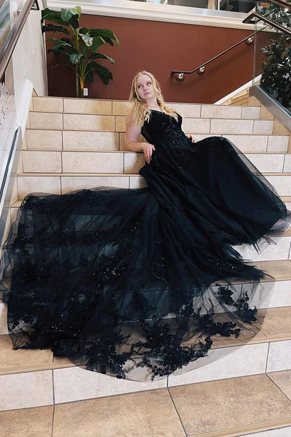 High end black A-line spaghetti strap sheer ball dress