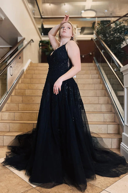 High end black A-line spaghetti strap sheer ball dress