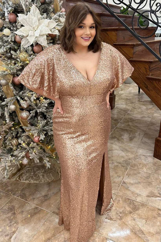 Plus Size Champagne Elegant Sequin V-neck Ruffle Edge Split Long Ball Dress