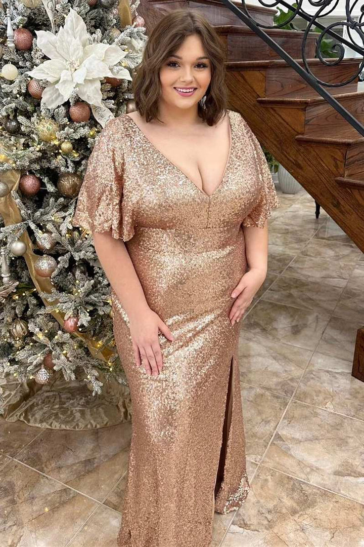 Plus Size Champagne Elegant Sequin V-neck Ruffle Edge Split Long Ball Dress
