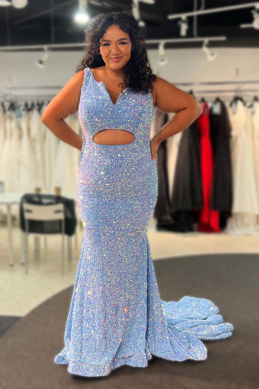 Plus size mermaid V-neck light blue sequin ball dress