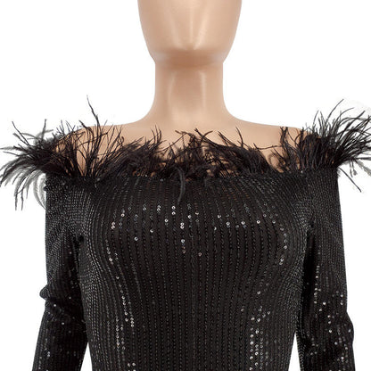 Plus size sexy off the shoulder tight sequin feather short ball dress