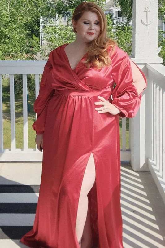 Plus size red long sleeved satin V-neck split ball dress