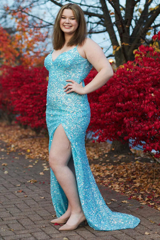 Large spaghetti strap with blue sequins  long ball dress with slit