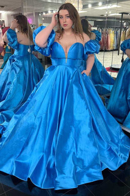 Minimalist blue satin fluffy sleeves without shoulder straps lace up floor dance dress with pockets