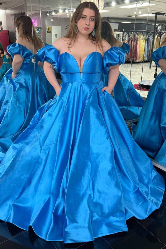 Minimalist blue satin fluffy sleeves without shoulder straps lace up floor dance dress with pockets