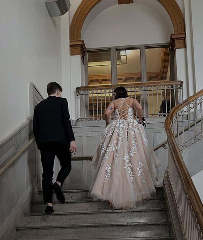 Large spaghetti strap floor mop ball dress with embellishments long evening dress