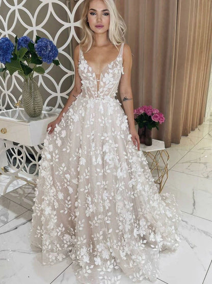 Beautiful Champagne Lace Backless V-neck Ball Dress Party Wedding Dress