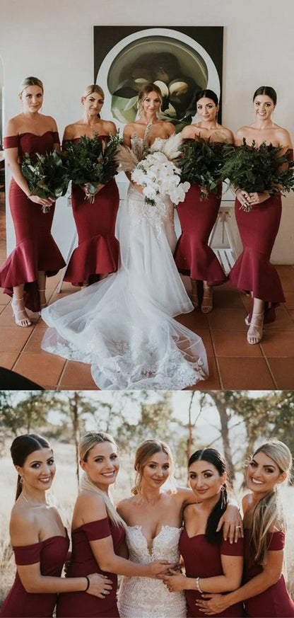 Beautiful and elegant high-end wine red long satin off shoulder wedding dress