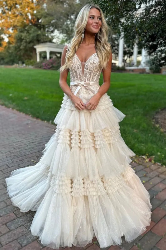 Sexy and elegant A-line shoulder strap with satin ribbon long layered ball dress