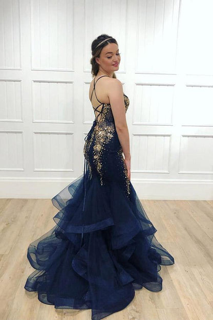 Prom Italian Noodle Strap Mermaid with Beaded Crystal Tulle Plus Size Evening Dress