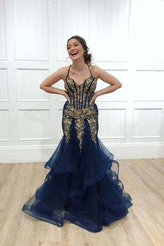 Prom Italian Noodle Strap Mermaid with Beaded Crystal Tulle Plus Size Evening Dress