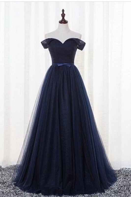 Elegant ball dress A-line off shoulder sheer floor mop