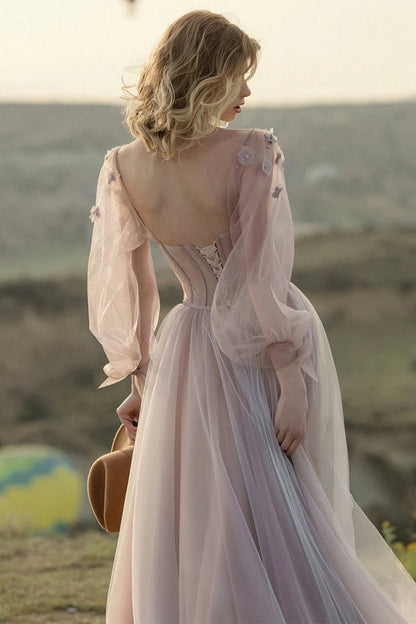 Elegant slim fit ball dress with sweet A-line chiffon and handmade floral ties