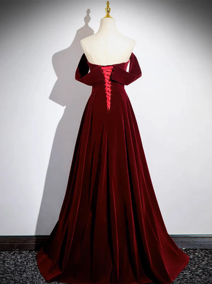 A-Line Velvet Burgundy Long Evening Dress Burgundy Long Formal Dress