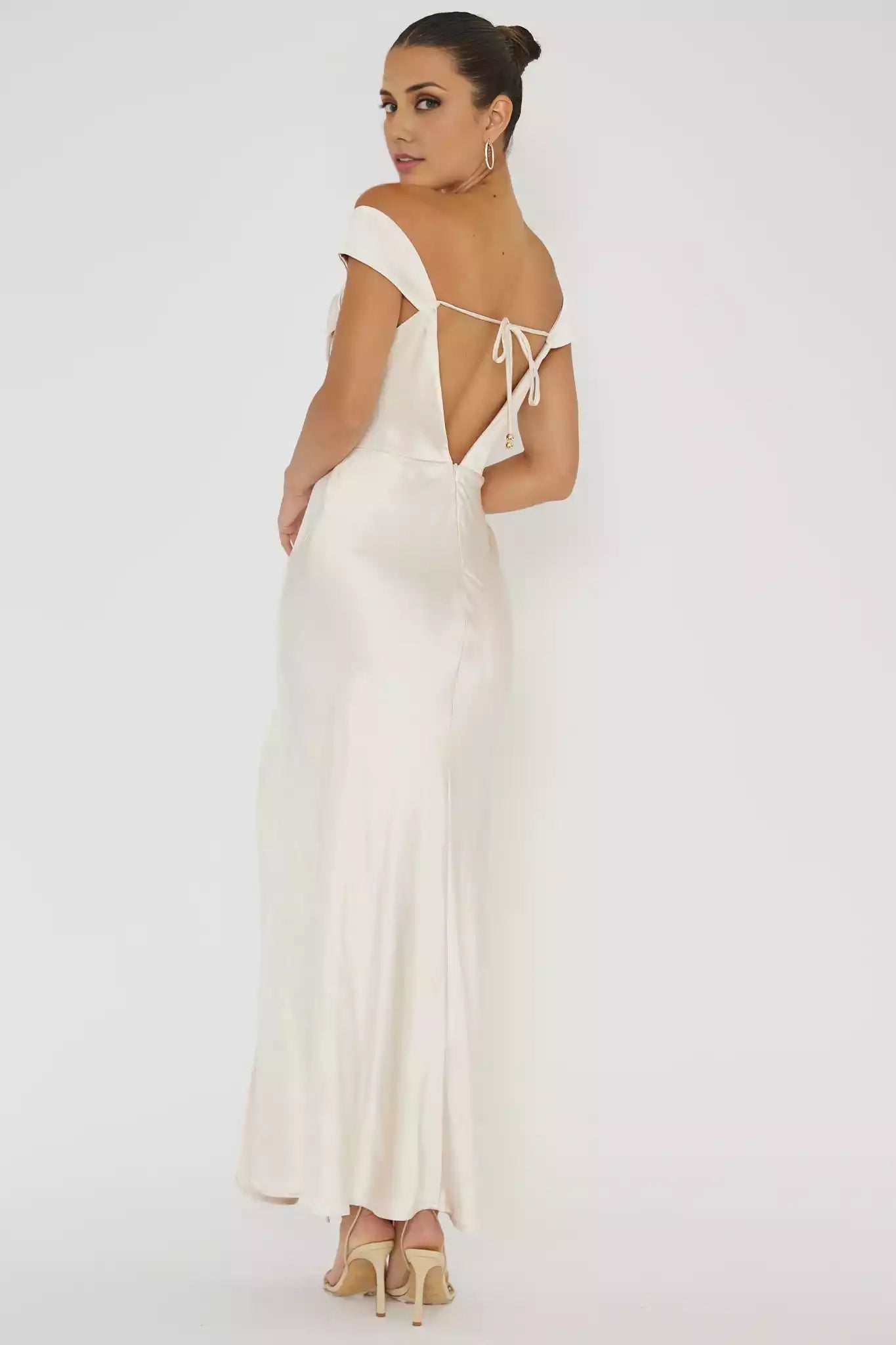 Prom Dresses, a highly anticipated satin overlong unlined off shoulder V-shaped back with a front slit and hidden zipper on the back