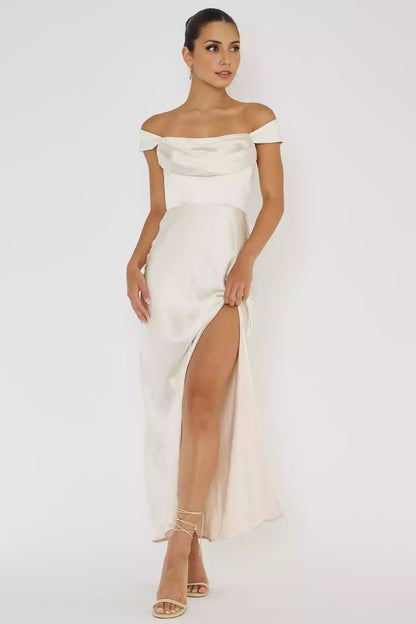 Prom Dresses, a highly anticipated satin overlong unlined off shoulder V-shaped back with a front slit and hidden zipper on the back