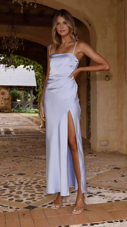 Prom Dresses features eye-catching straight neck adjustable shoulder straps with slit and pleated details for a perfect look