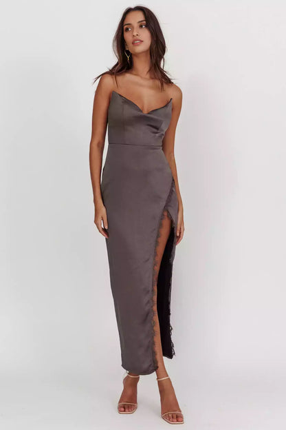 Prom Dresses with eye-catching satin off shoulder, extra long front leg slits, unlined back, invisible zipper