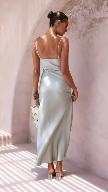 Prom Dresses with eye-catching straight neck adjustable shoulder straps, slit pleat details, hidden side zipper