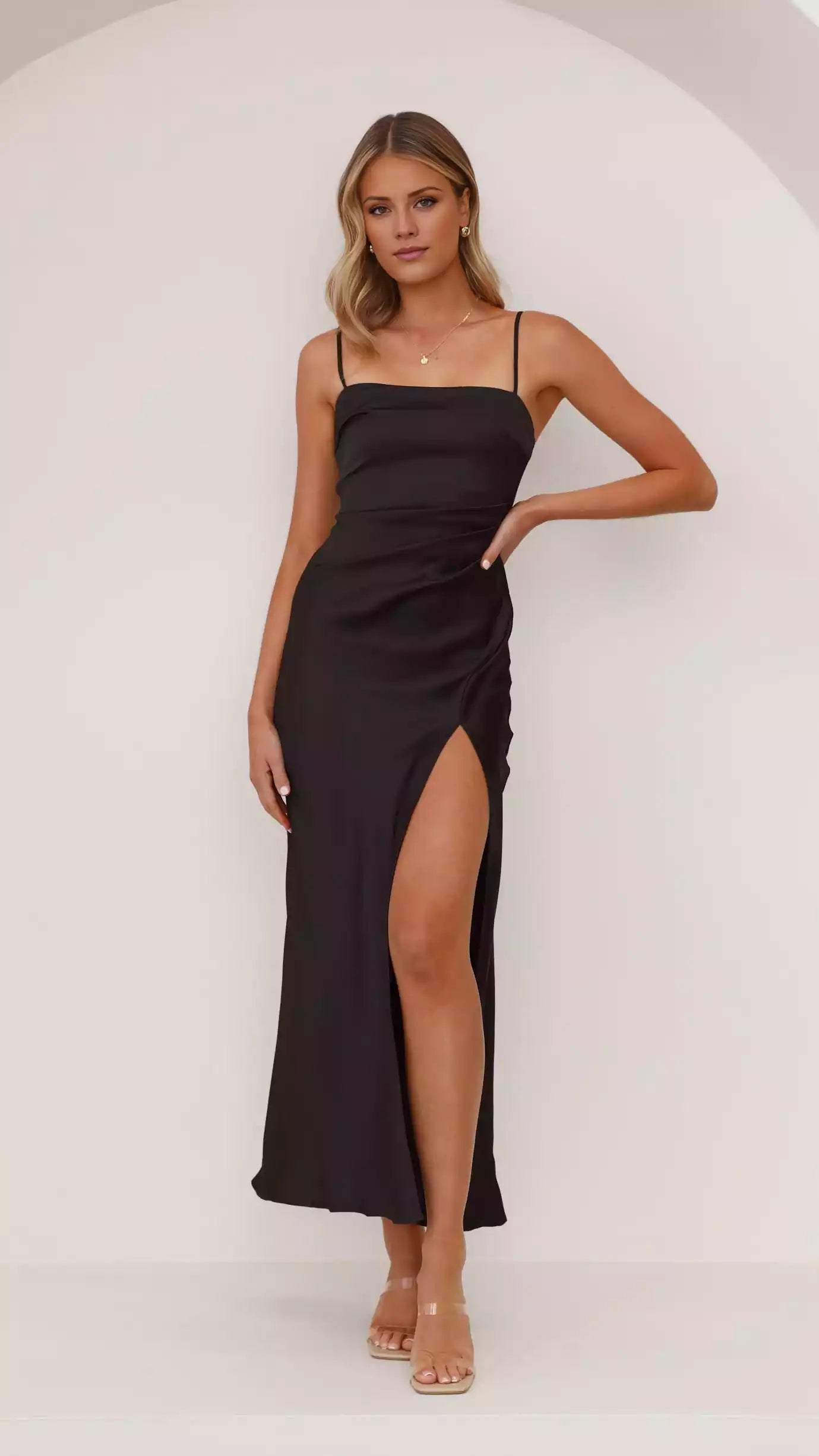 Prom Dresses with eye-catching straight neckline, slim adjustable shoulder straps, slit and pleated details for a perfect look
