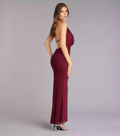 Prom Dresses with eye-catching stretch knit hanging collar, backless neckline, and backless straps