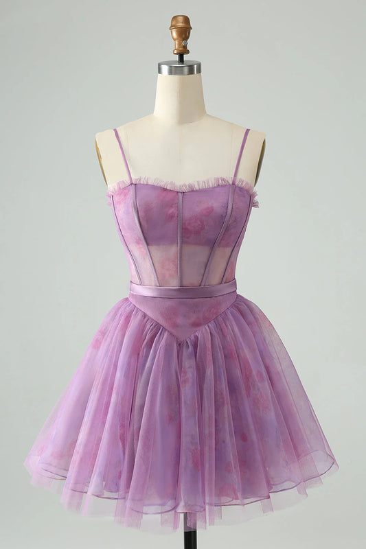 A Line Spaghetti Straps Print Corset Short Homecoming Dress
