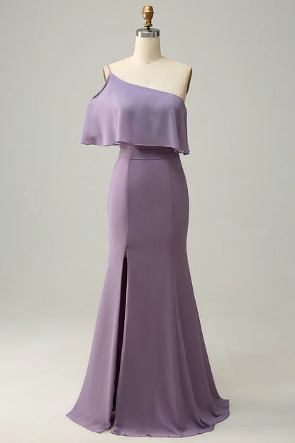 One Shoulder Chiffon Bridesmaid Dress with Ruffles