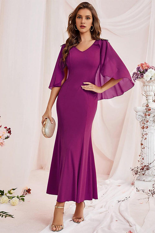 Mermaid V Neck Chiffon Floor Length Dress with Wrap Sleeves