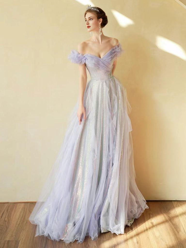 A-Line Off Shoulder Tulle Sequin Purple Long Prom Dress Purple Long Formal Dress