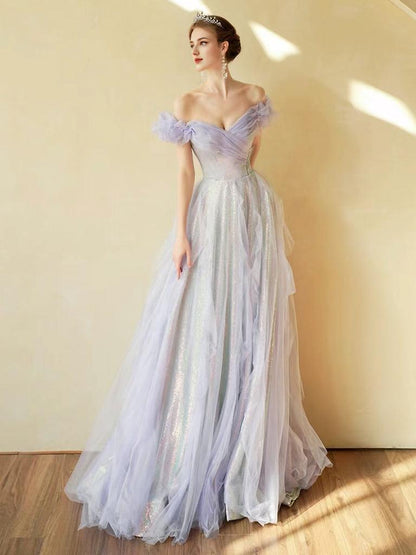 A-Line Off Shoulder Tulle Sequin Purple Long Prom Dress Purple Long Formal Dress