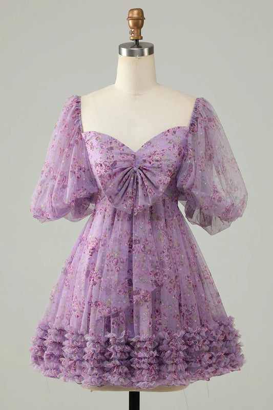 Purple A Line Tulle Bow Print Short Homecoming Dress